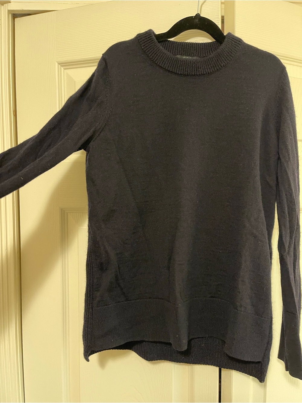 COS Navy Wool Crewneck Knit Sweater Cable Pattern on Back